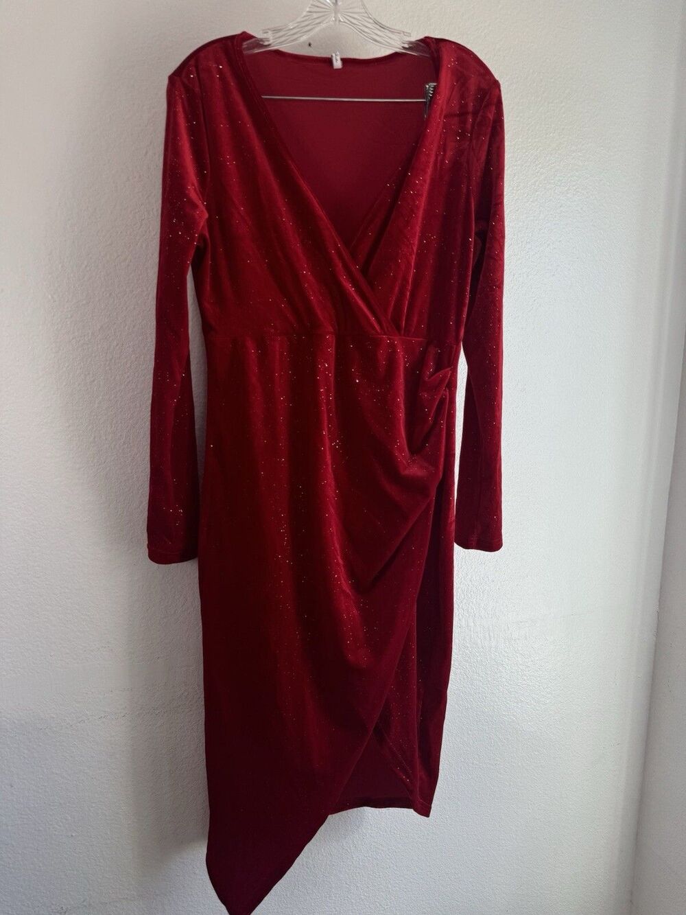 Dokuritu Velvet Red Large Wrap Dress Leg Slit Sparkly Holiday Evening Gown